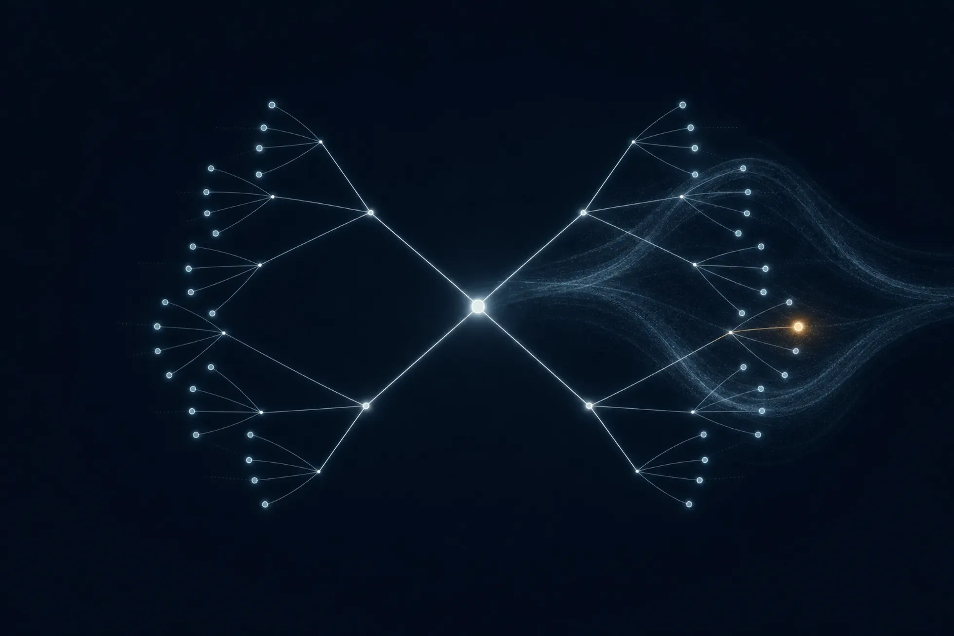 A symmetric decision-tree diagram: a single bright central node from which two branching structures spread to the left and right, each dividing into progressively finer branches that end in a scattered field of small nodes; a faint translucent wave sweeps across the right-hand tree, where one distant node glows warm amber while every other node stays white and cyan against a near-black background.