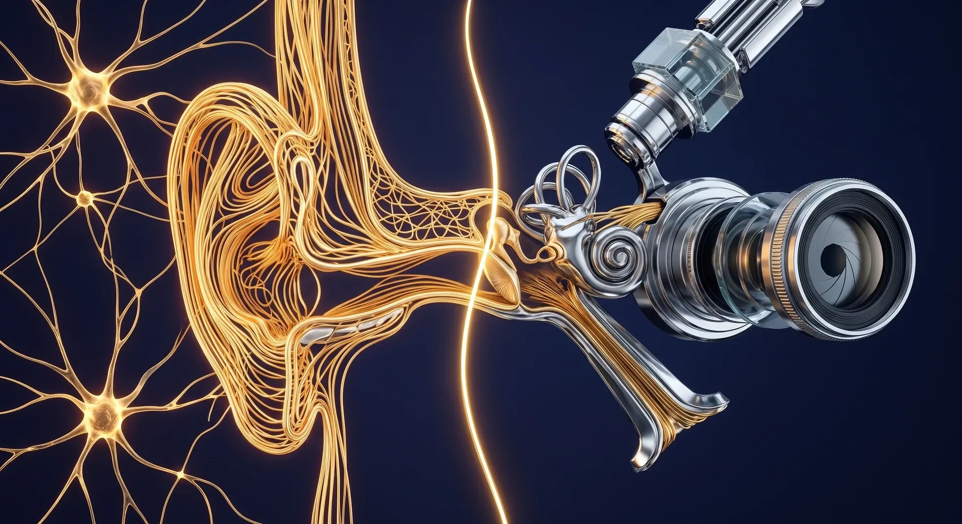 A golden anatomical nervous system and inner ear on the left transitioning into a chrome robotic camera and lens on the right, split by a bright dividing line.