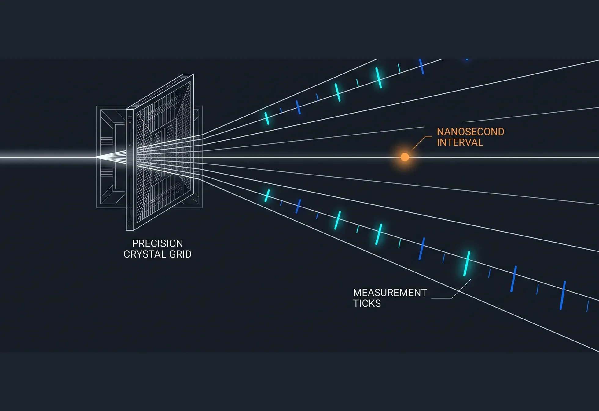 A dark technical diagram: a white beam passes through a wireframe precision crystal grid and fans out into diverging streams marked by glowing blue and cyan measurement ticks, with a single amber point on the center line labeled "nanosecond interval."