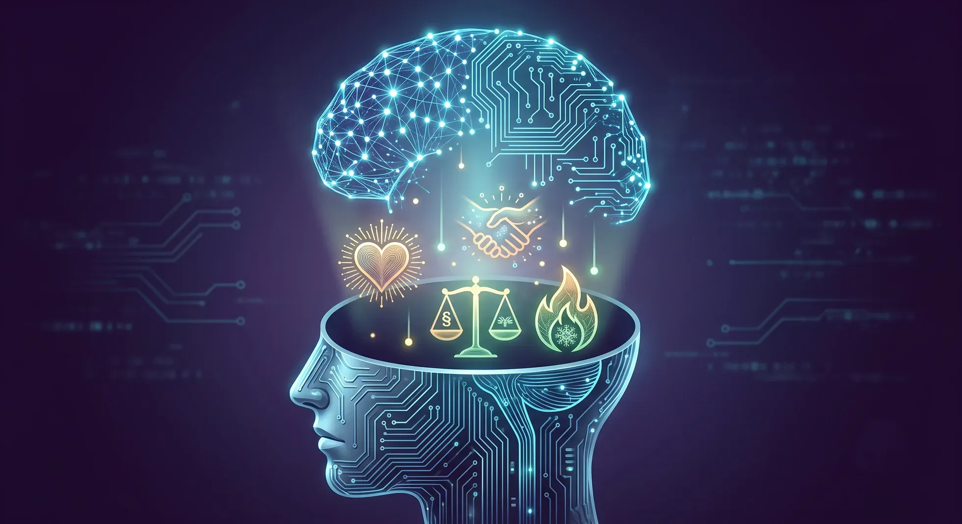 A glowing circuit-board profile of a human head, open at the top, with a luminous networked brain floating above it sending light down into icons of judgment, empathy, and cooperation.