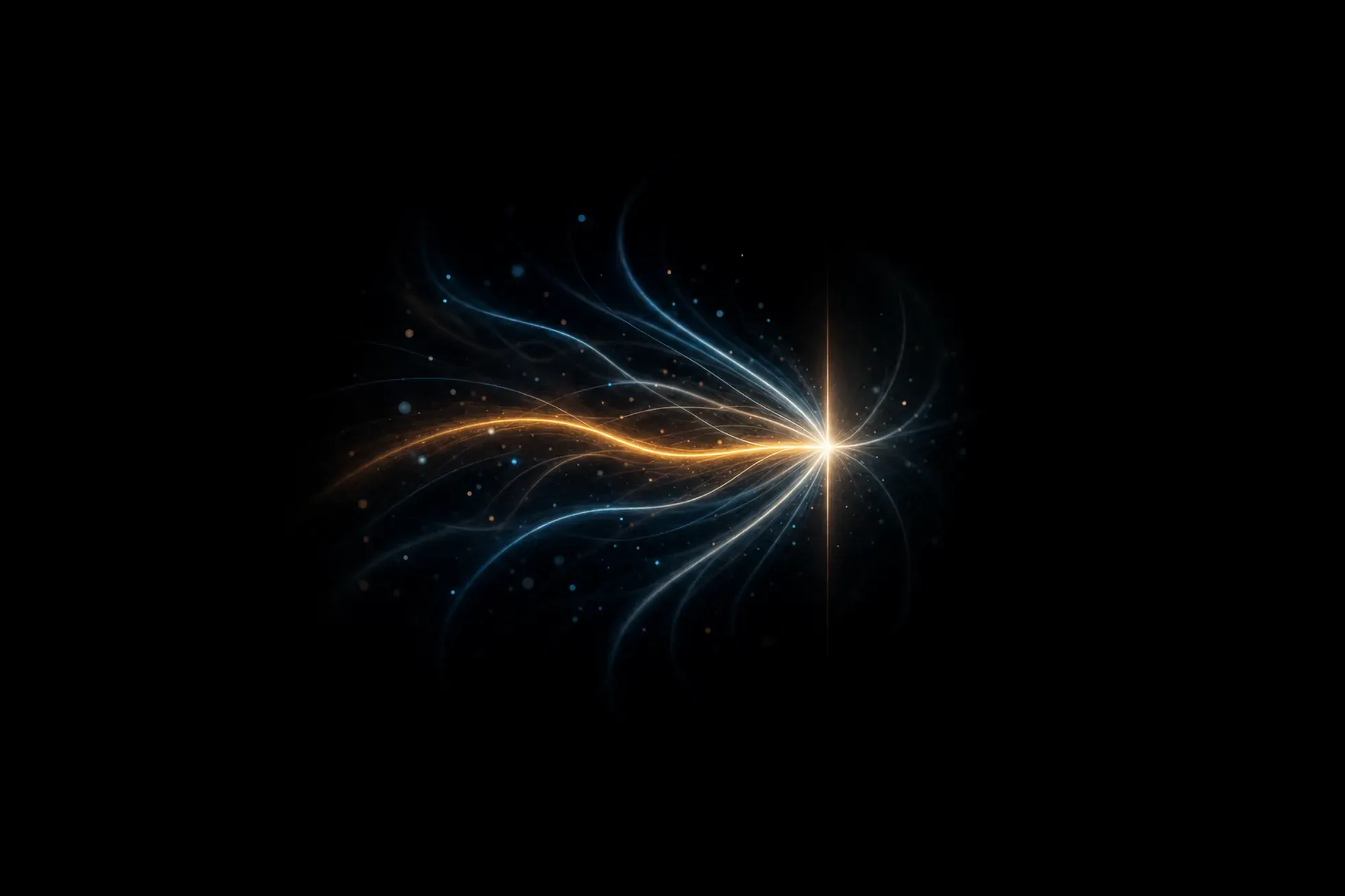 Several faint overlapping wavefronts of light converging toward a single bright point on a black background, most fading before they arrive; one wavefront carries a warm amber glow that persists all the way to the convergence point.