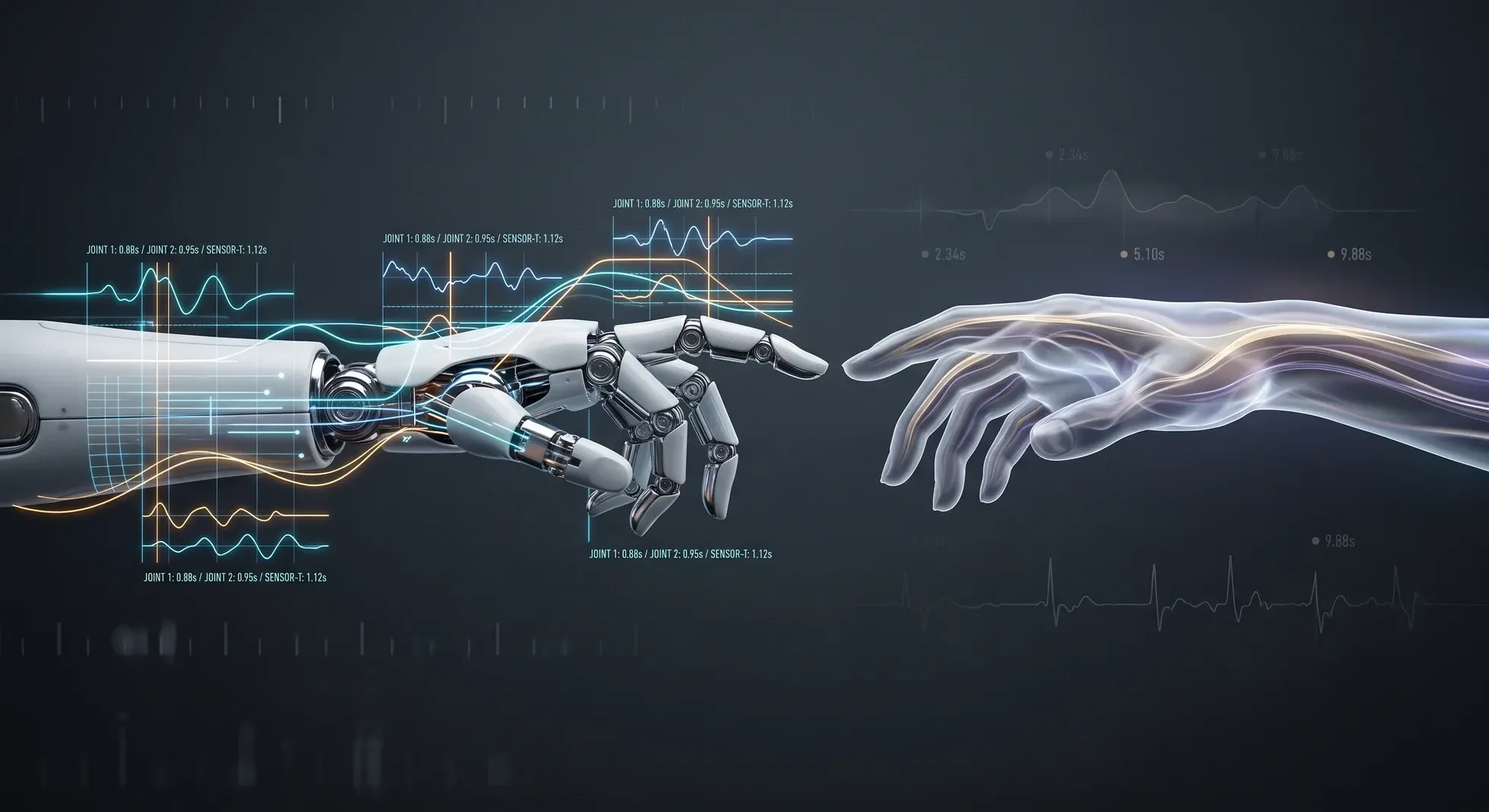 A white robotic hand reaching toward a translucent human hand, overlaid with sensor timing waveforms and per-joint latency readouts.
