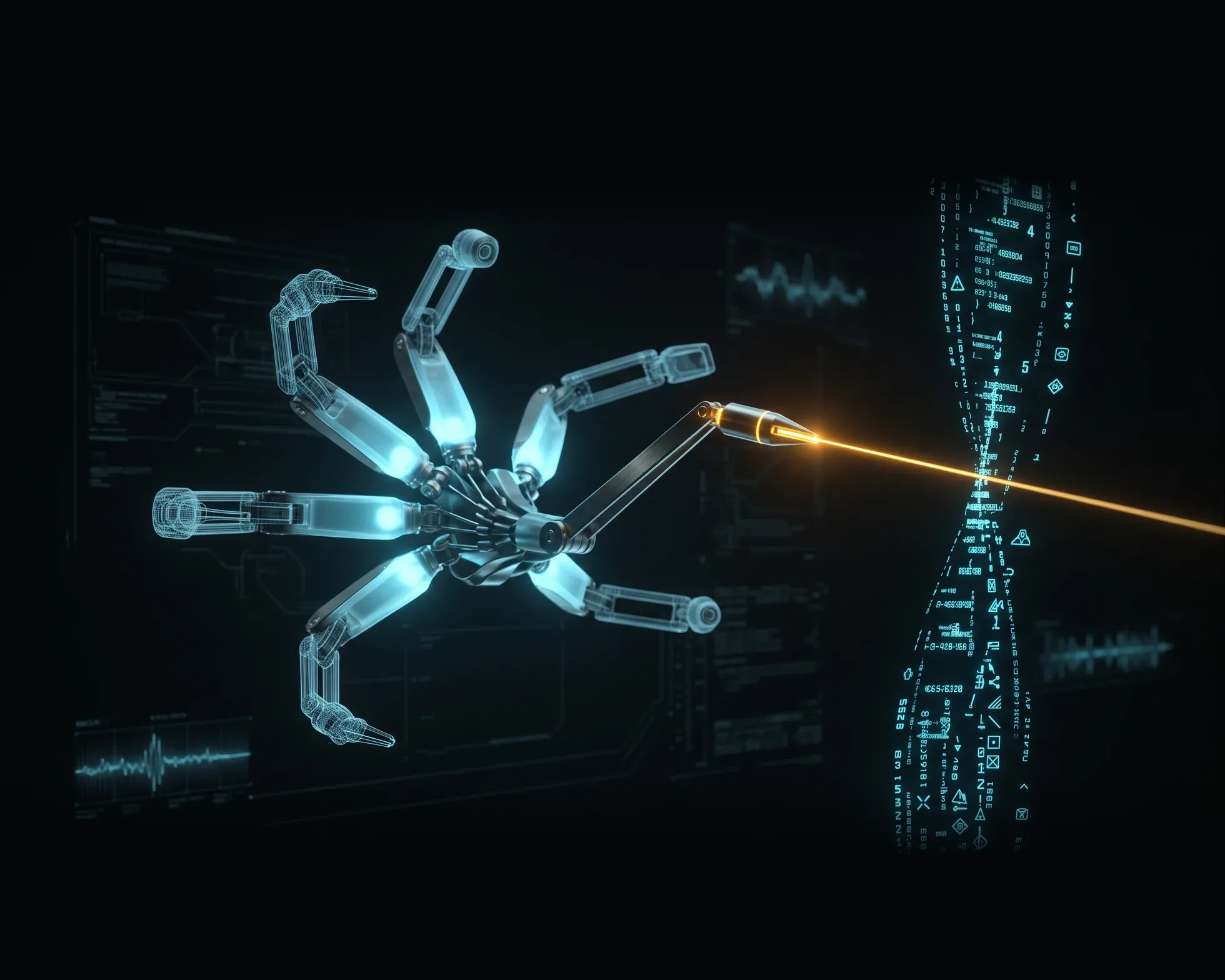 A robotic hand of many glowing wireframe tool-arms on black; one arm ends in a metallic emitter firing a thin amber beam into a falling column of luminous cyan data glyphs.