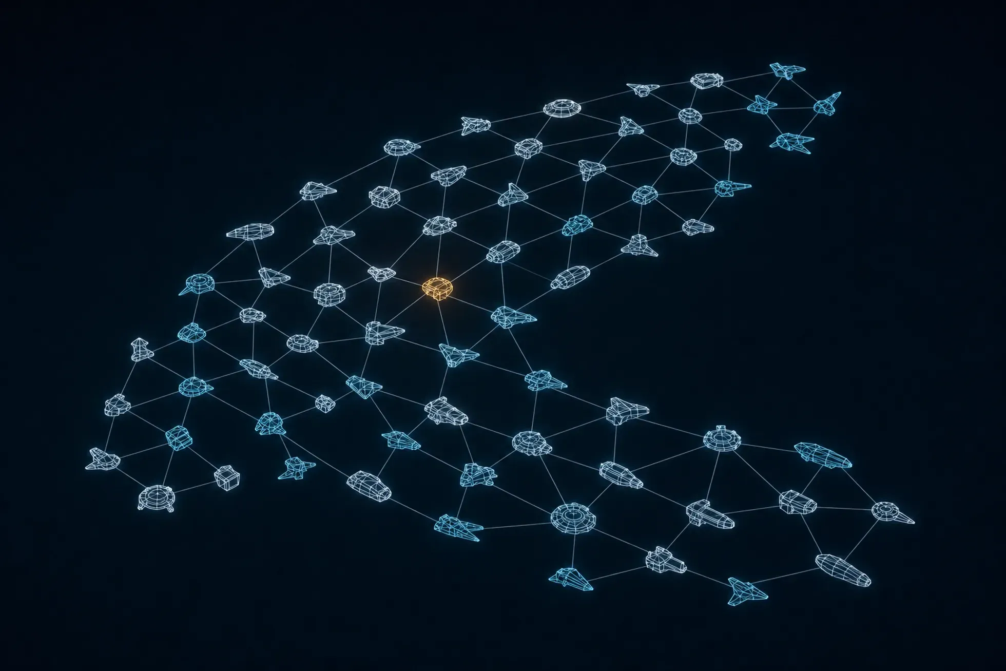 A decentralized network of small wireframe glyphs of varied shapes arranged in a curved, banking formation, each connected only to its nearest neighbors by thin lines, with one glyph near the center glowing amber against the rest in cool white and cyan.