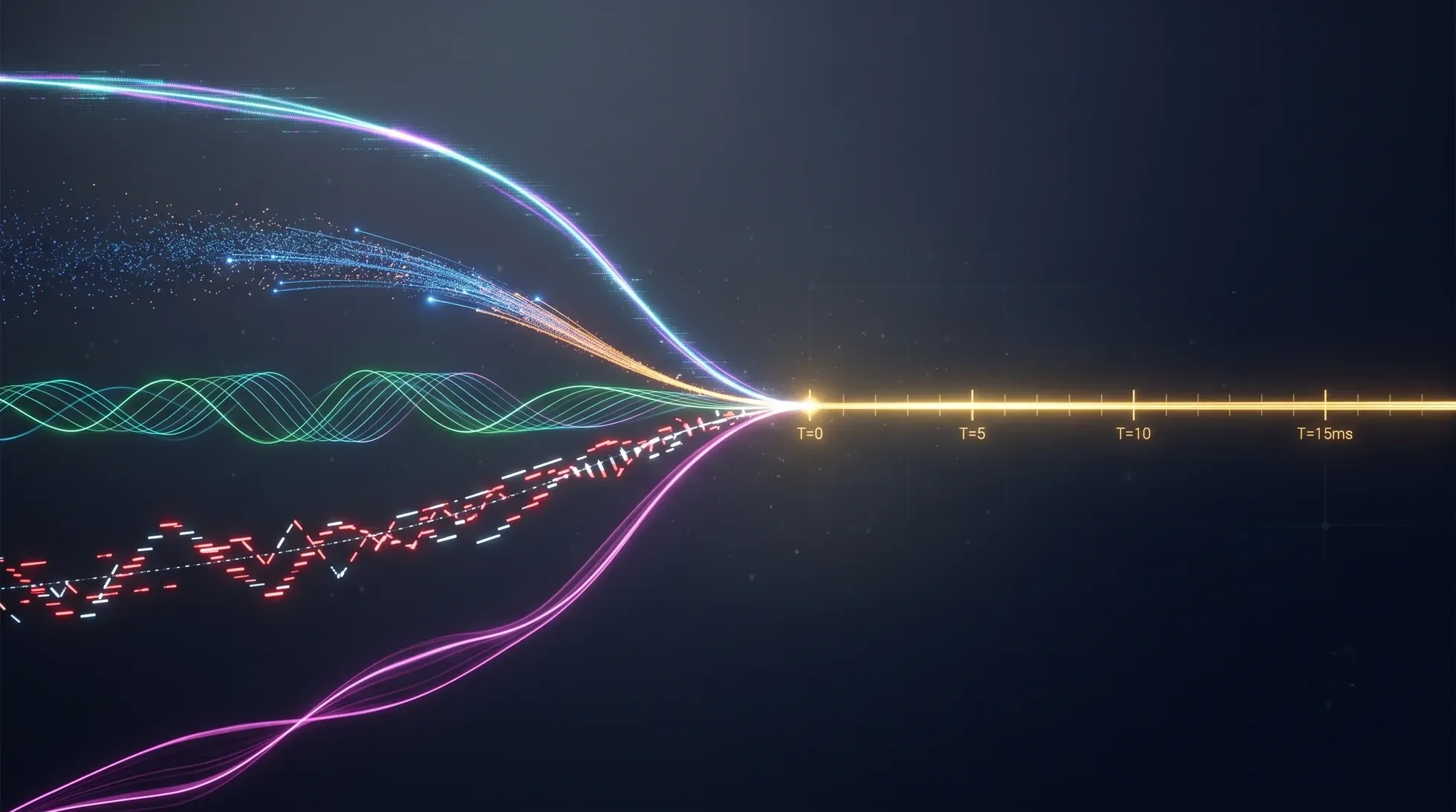 Multiple colored sensor signal streams converging into a single bright instant at T=0, then continuing as one aligned golden timeline.