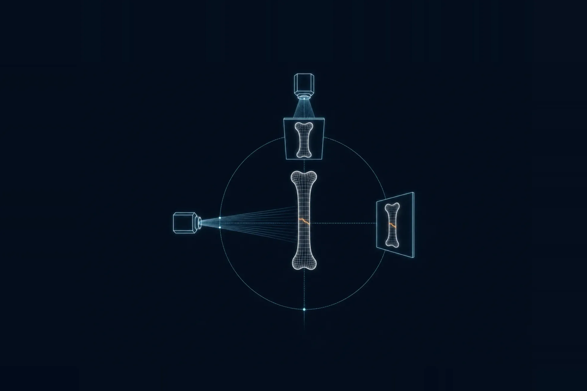 A wireframe long bone at the center of a schematic diagram, with one imaging emitter above it and one to its left, each casting a cone of light onto a detector plate; the upper plate shows a clean unbroken bone outline while the right-hand plate shows the same bone crossed by a glowing amber hairline fracture.