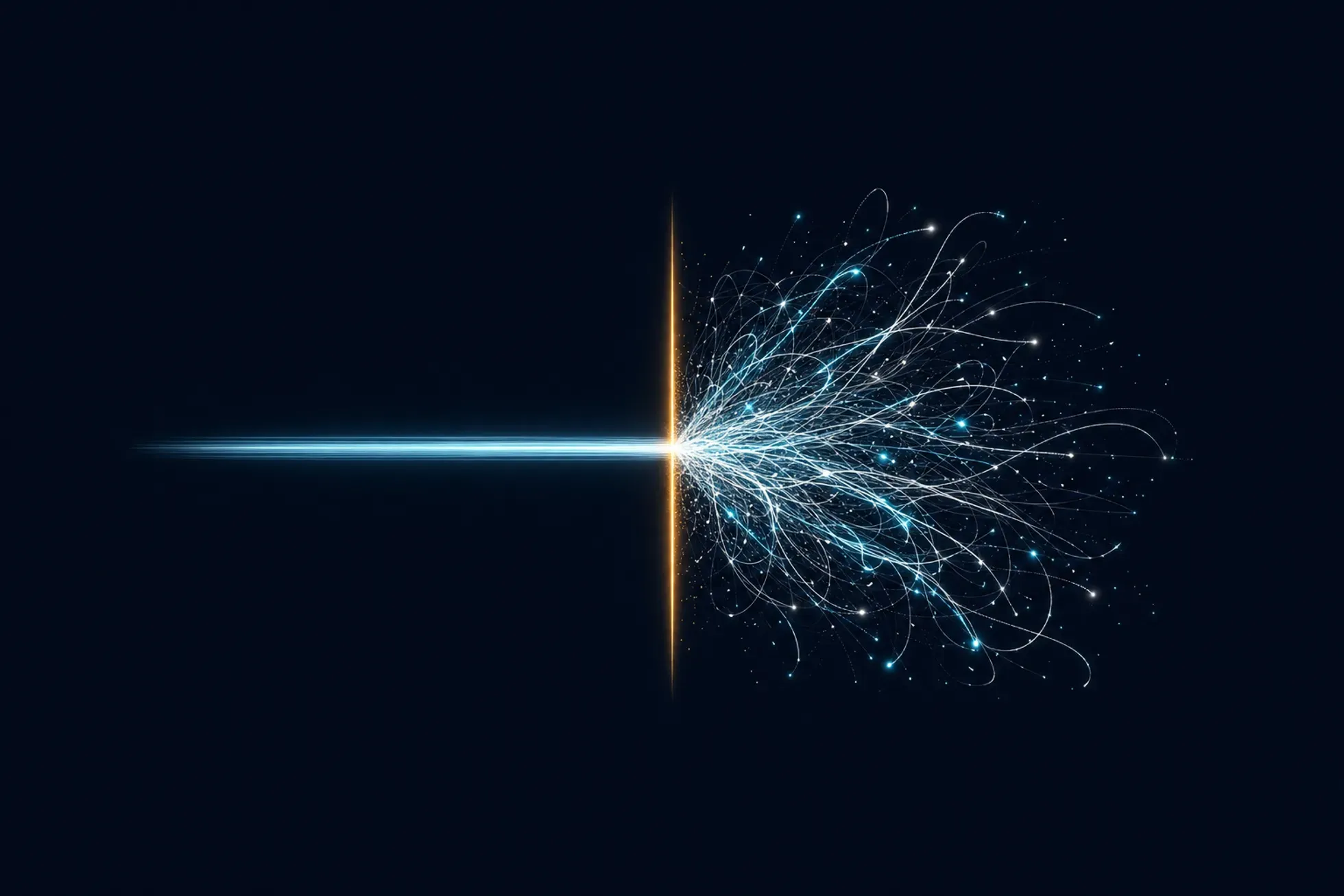 A single tightly bundled beam of cyan light travels in from the left, crosses a thin vertical amber line at the centre of the frame, and immediately past it bursts apart into a wide spray of scattered white and cyan filaments, arcs and sparks fading into a near-black background.