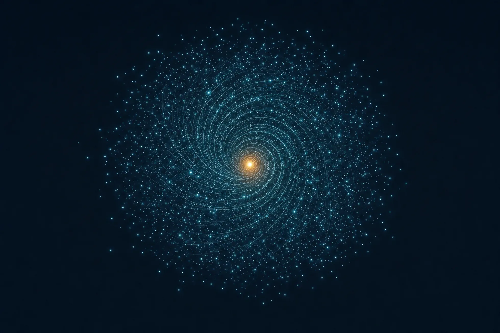 A vast spiralling cloud of thousands of tiny cyan points scattered across a near-black field, drawn inward along faint concentric arcs to a single small, bright amber core at the center.