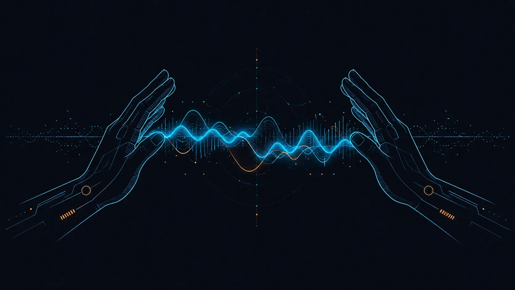 Two wireframe hands drawn in glowing blue on black, poised to clap, with a bright blue waveform running between them and a second amber waveform slightly out of phase beneath it.
